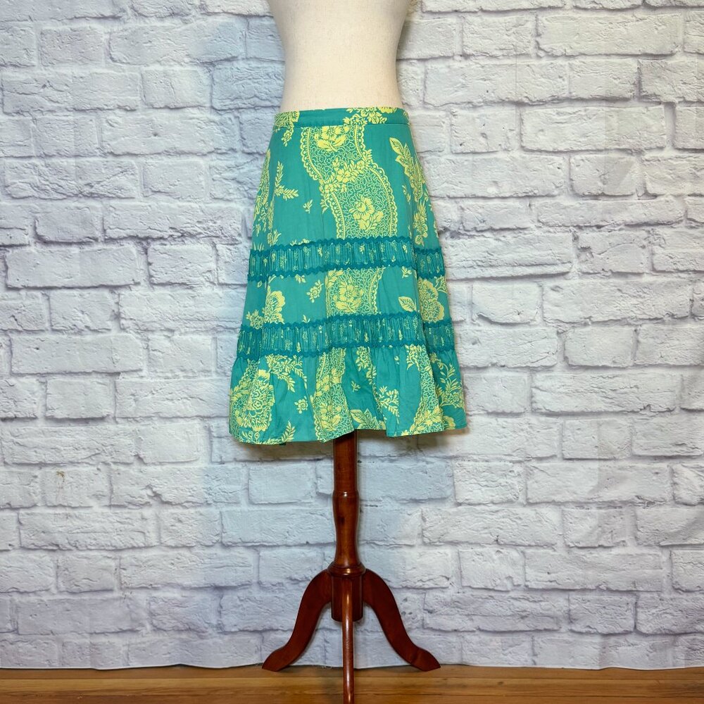 Anthropologie Odille Teal & Chartreuse Paisley Knee-Length Skirt